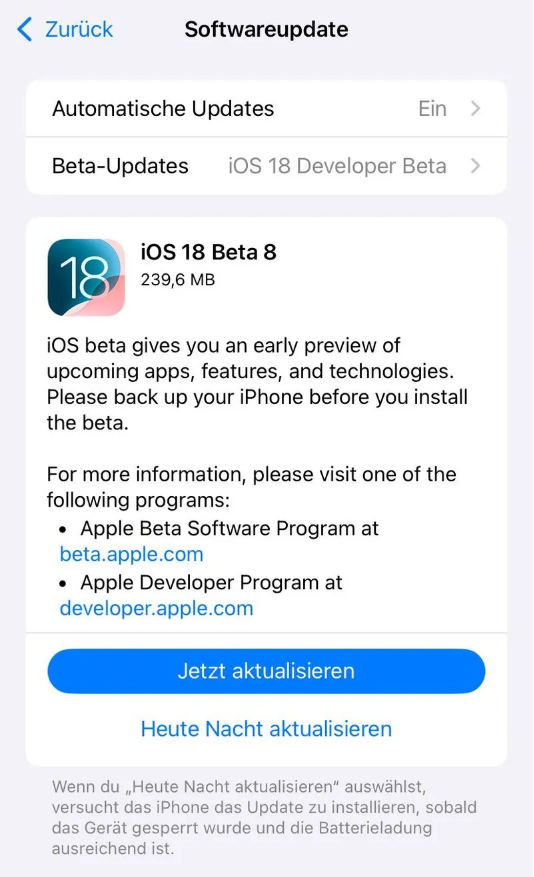 图们苹果手机维修分享苹果 iOS / iPadOS 18 开发者预览版 Beta 8 发布 